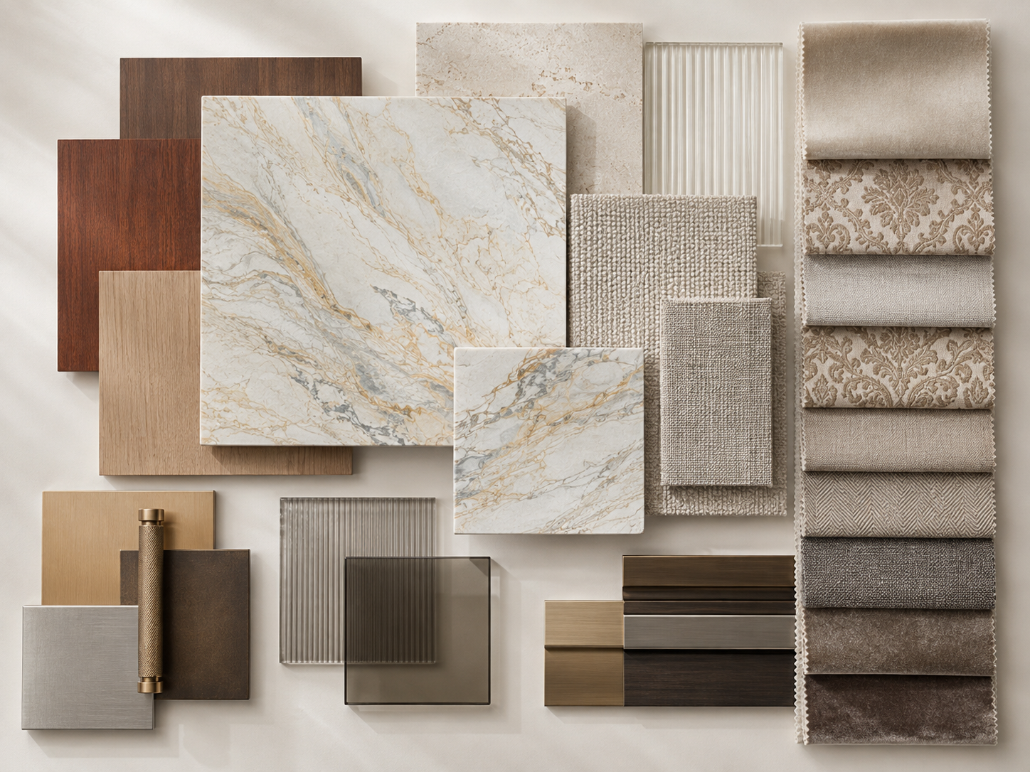 Curated FF&E material study with timber, marble, textile, metal and glass samples